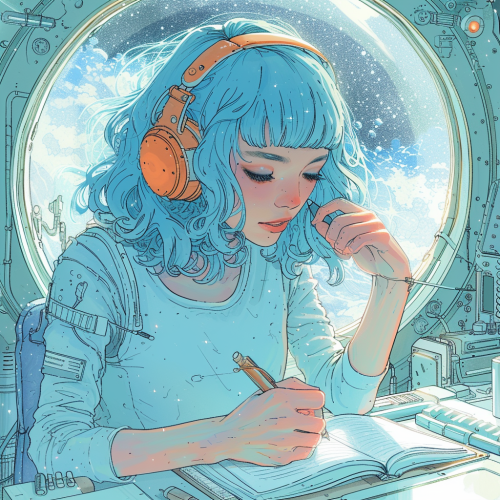 Happy woman writer in spaceship with blue hair Happy woman writer in spaceship with blue hair