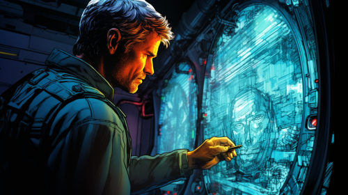 Harrison Ford examining data panel window in sci-fi setting
