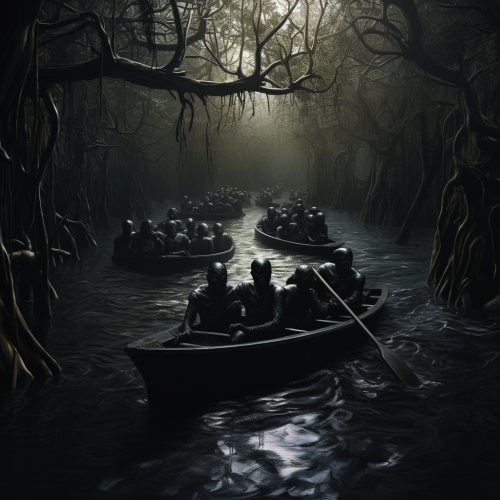 Group floating down haunted jungle river