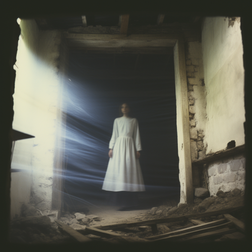 Terrifying ghostly lady in white dress in a barn