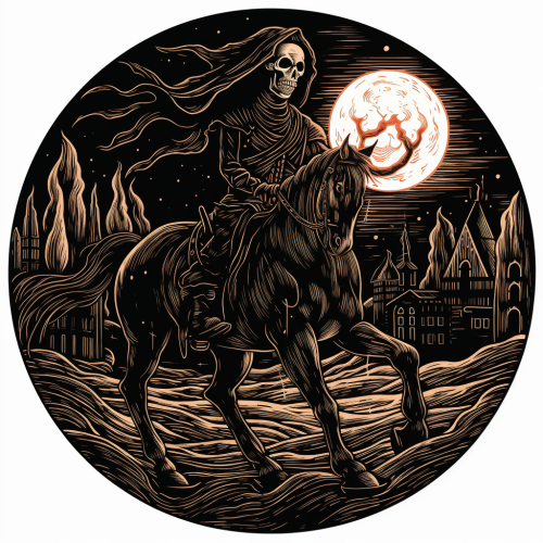 Woodcut of headless horseman with pumpkin