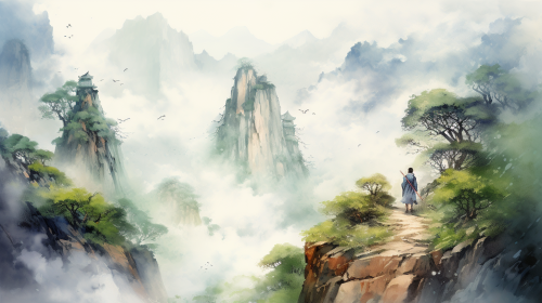 Ancient Chinese style warrior on a mountain path