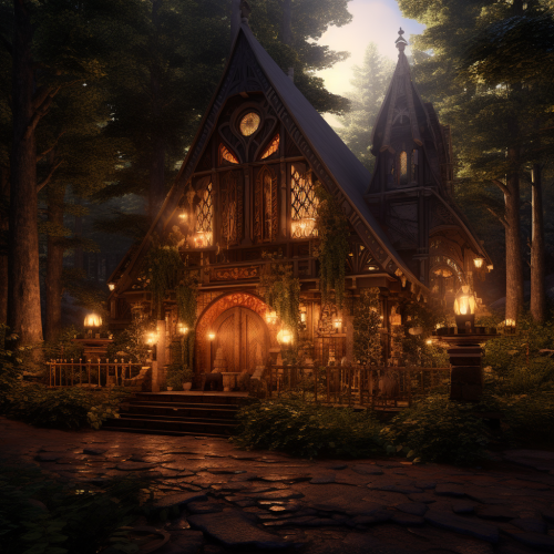 Rustic cabin in healing temple with warm light