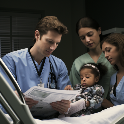 Healthcare worker and interpreter communicating with diverse family Healthcare worker and interpreter communicating with diverse family