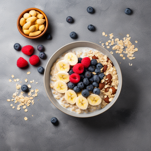 Healthy breakfast with oatmeal, banana, berries, nuts