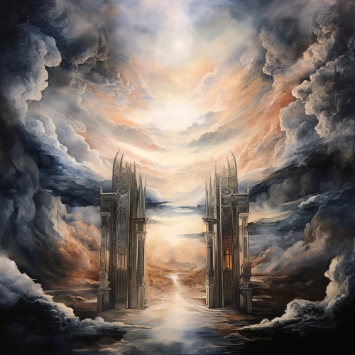 Faded watercolour painting of Gates of Heaven