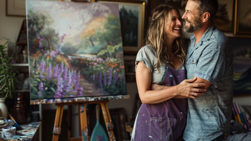Woman painting with husband hug Woman painting with husband hug