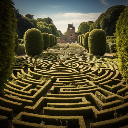A stunning hedge maze with vibrant flowers and towering trees