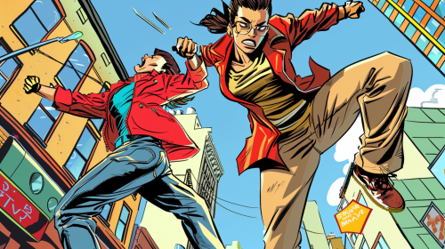 Hero kicking thug action scene