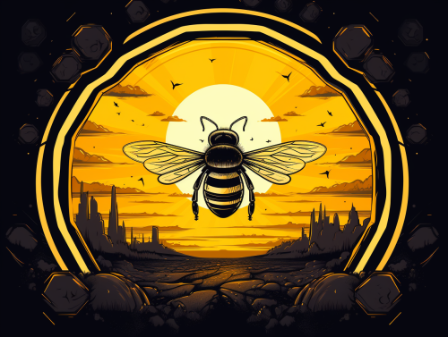 Hexagonal futuristic hive with flying bees