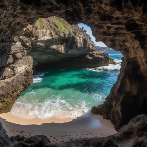 Serene hidden beach through a cave in Mexico