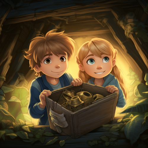 Oliver and Ella in front of treasure chest