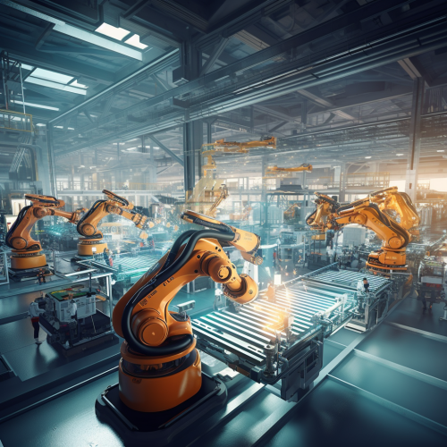 Robotic arm scanning product in manufacturing line