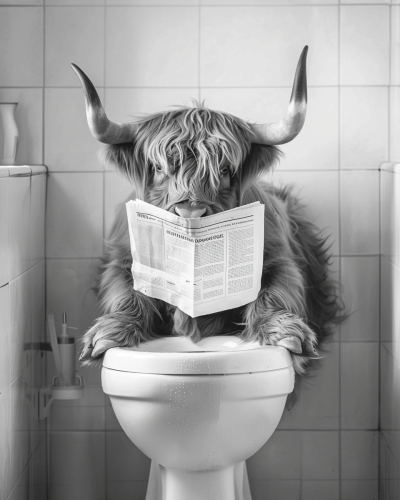 Highland Cow Bathroom Reading Newspaper