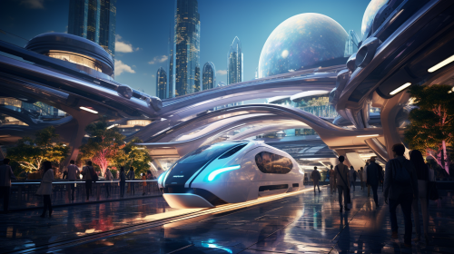 Majestic high-speed railway station with anime enthusiasts