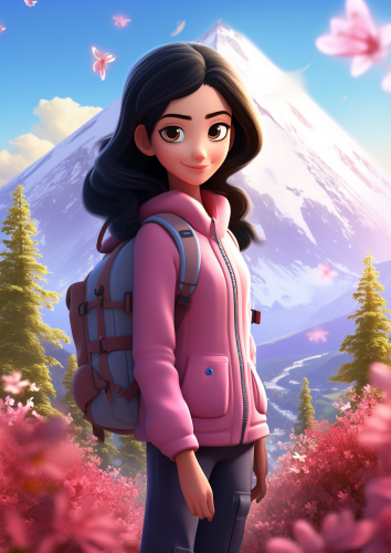 Asian female hiking with Mt. Fuji and cherry blossoms