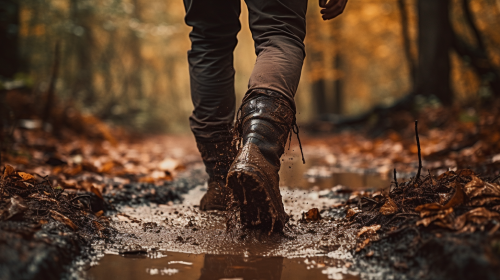 Person wearing hiking boots in autumn forest