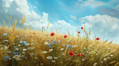 Hillside with Wheat and Flowers