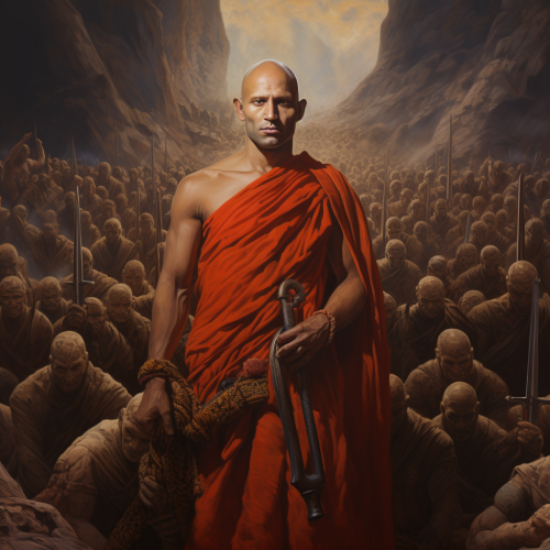Hindu monk leading army with axe