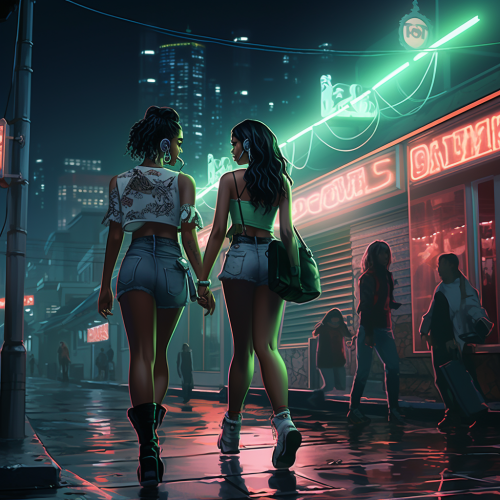 Hip hop style with green LEDS and girls walking to 80's diner