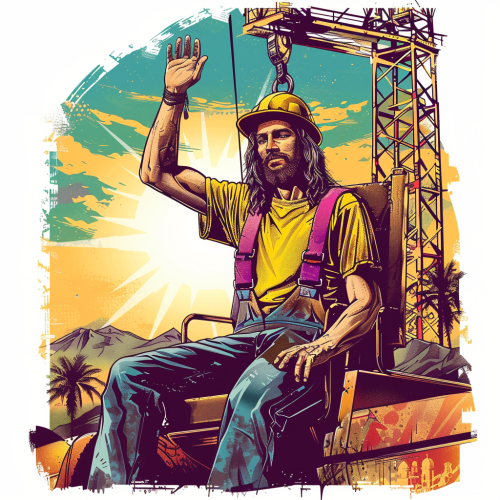 Jesus driving crane waving