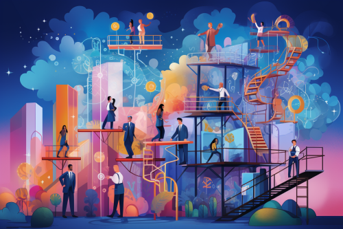 Colorful illustration of hire, grow, build