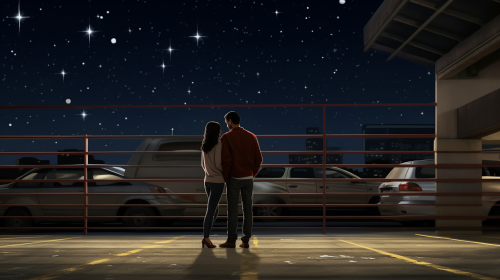 Hispanic couple embracing in city garage at night