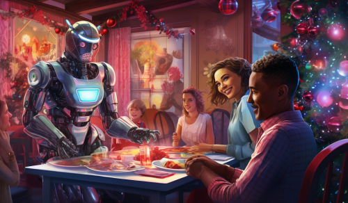 Middle-aged adults and robots conversing at holiday party