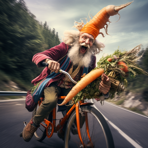 Homeless man playing trumpet while riding colorful bike
