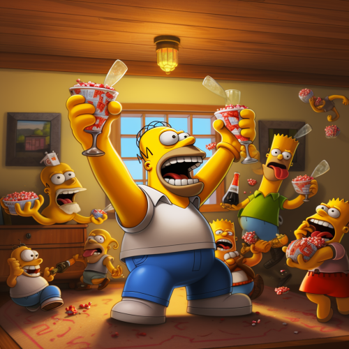 Homer and friends celebrating with cheers and toasts