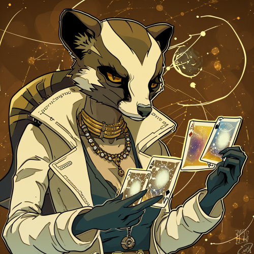 Female honey badger and snake hybrid with playing cards