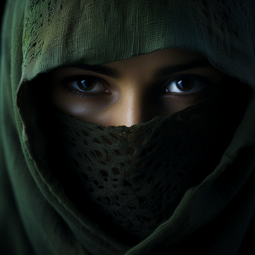 A person with a dark hood and bright green eyes A person with a dark hood and bright green eyes