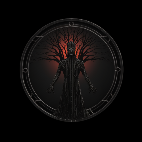 Metal statue tree logo in horror style