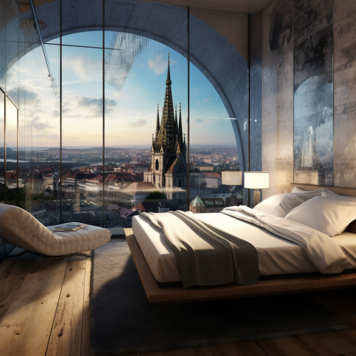 Beautiful hotel room with a view of an old European capital