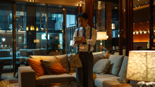 Hotel staff looking under sofa