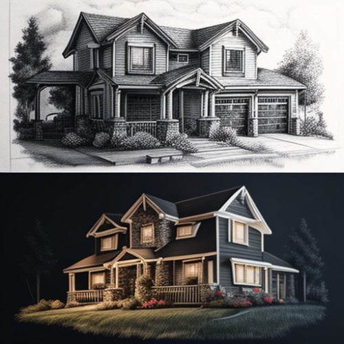 2D and 3D rendering of a house