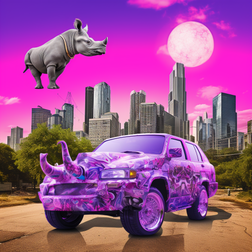 Rhino Collage with Houston City, Old School Cars, and Purple Drink