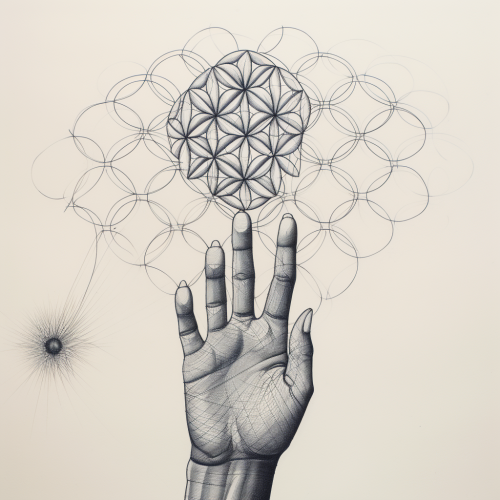 Sketch of human hand with flower of life
