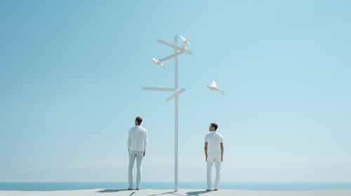 Male models in minimalist weathervane pose