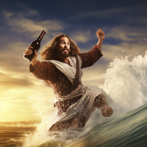 Hunk Jesus Surfing in Wine Wave