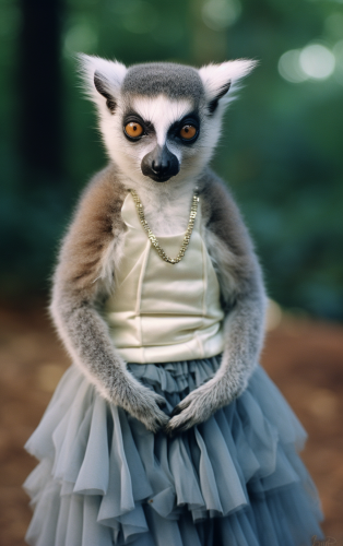 Cute hybrid ring-tailed lemur toddler wearing a skirt