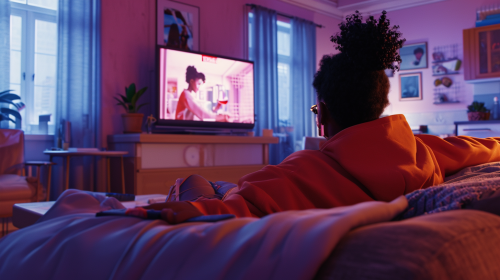 Hyper Realistic Fantasy Environment with Black Woman Watching TV