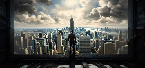 Man looking out of skyscraper's glass window