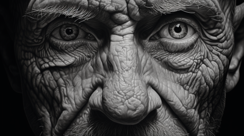 Hyperrealistic intense gaze with sweat beads and wrinkles