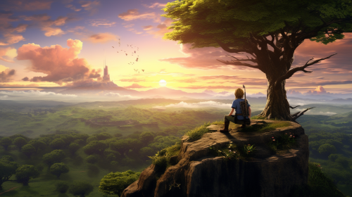 Legend of Zelda contemplating Hyrule's land at sunset