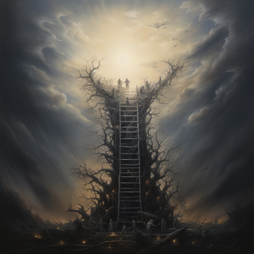 Group of winged people climbing illuminated ladder