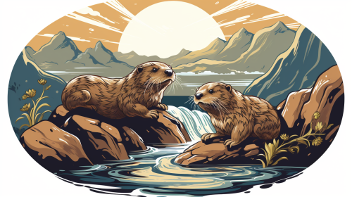 Canyon and Otters Logo Illustration