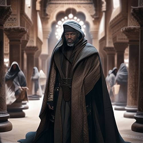 Imam Ali in brown cloak standing strong