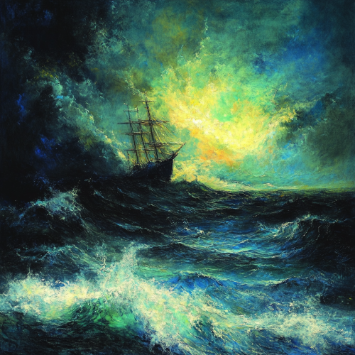 Pastel painting of caravel at sea