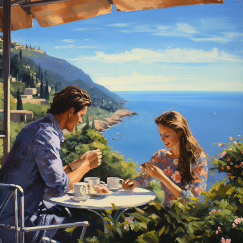 Couple enjoying coffee at hilltop cafe